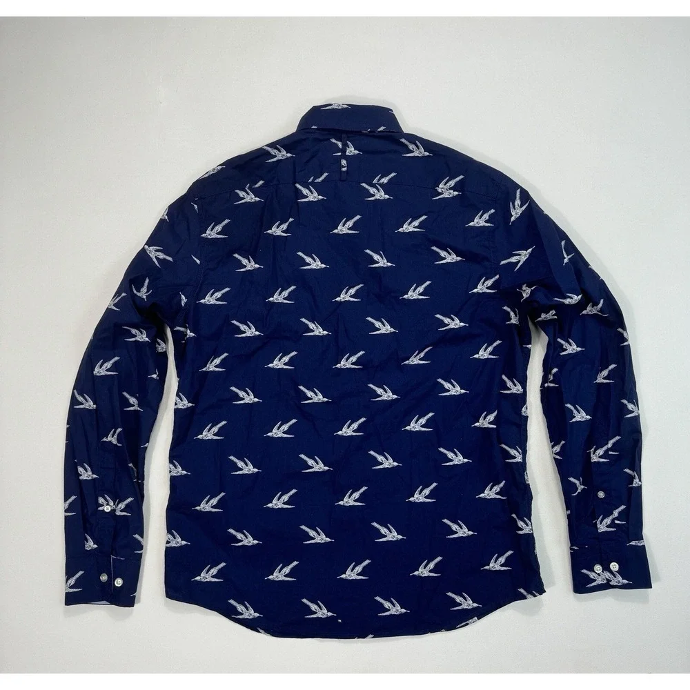 Banana Republic Luxe Poplin Untucked Standard Fit Mens Medium Navy Bird Print